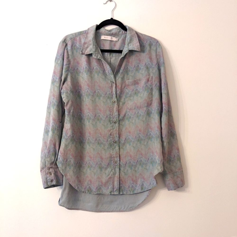 Billy T Button Up Blouse Womens Watercolor Art Rainbow Lyocell Linen Long